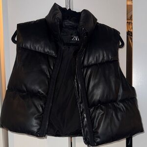 Zara Leather Black Puffer Vest